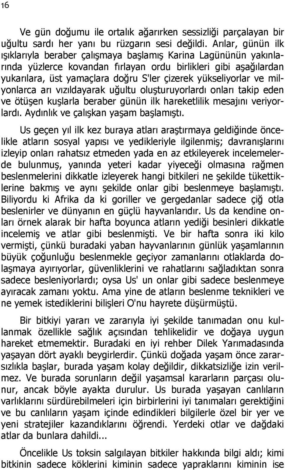 yükseliyorlar ve milyonlarca arı vızıldayarak uğultu oluşturuyorlardı onları takip eden ve ötüşen kuşlarla beraber günün ilk hareketlilik mesajını veriyorlardı. Aydınlık ve çalışkan yaşam başlamıştı.