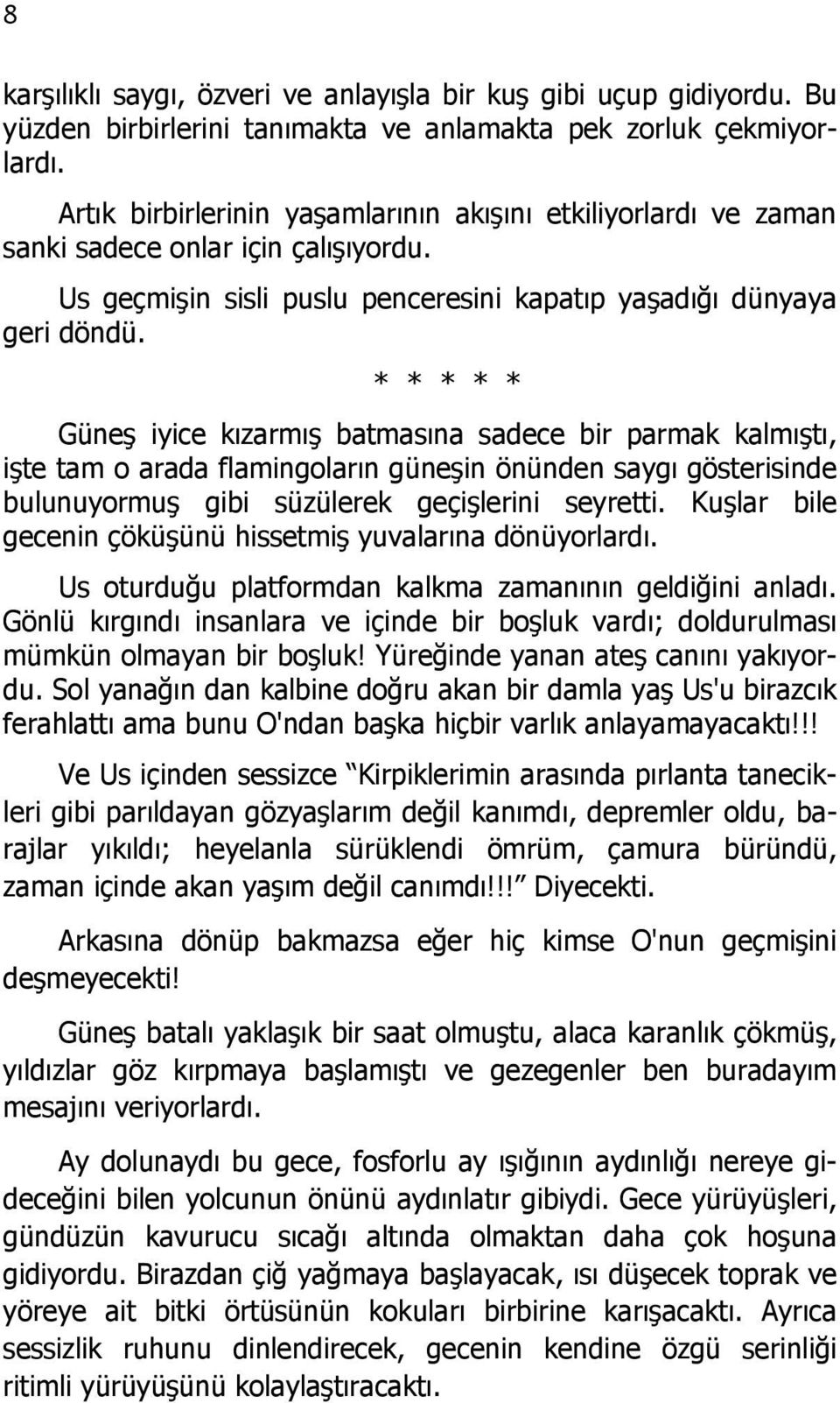 * * * * * Güneş iyice kızarmış batmasına sadece bir parmak kalmıştı, işte tam o arada flamingoların güneşin önünden saygı gösterisinde bulunuyormuş gibi süzülerek geçişlerini seyretti.