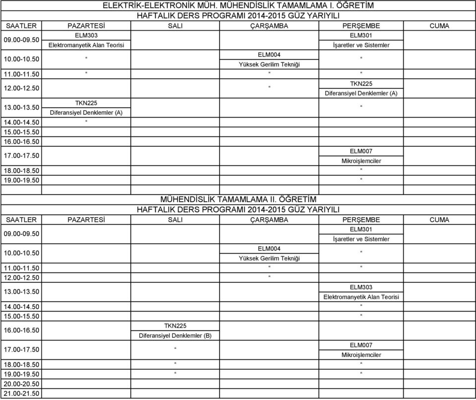 00-15.50 16.00-16.50 17.00-17.50 18.00-18.50 19.00-19.50 TKN225 Diferansiyel Denklemler (A) ELM007 Mikroişlemciler MÜHENDİSLİK TAMAMLAMA II.