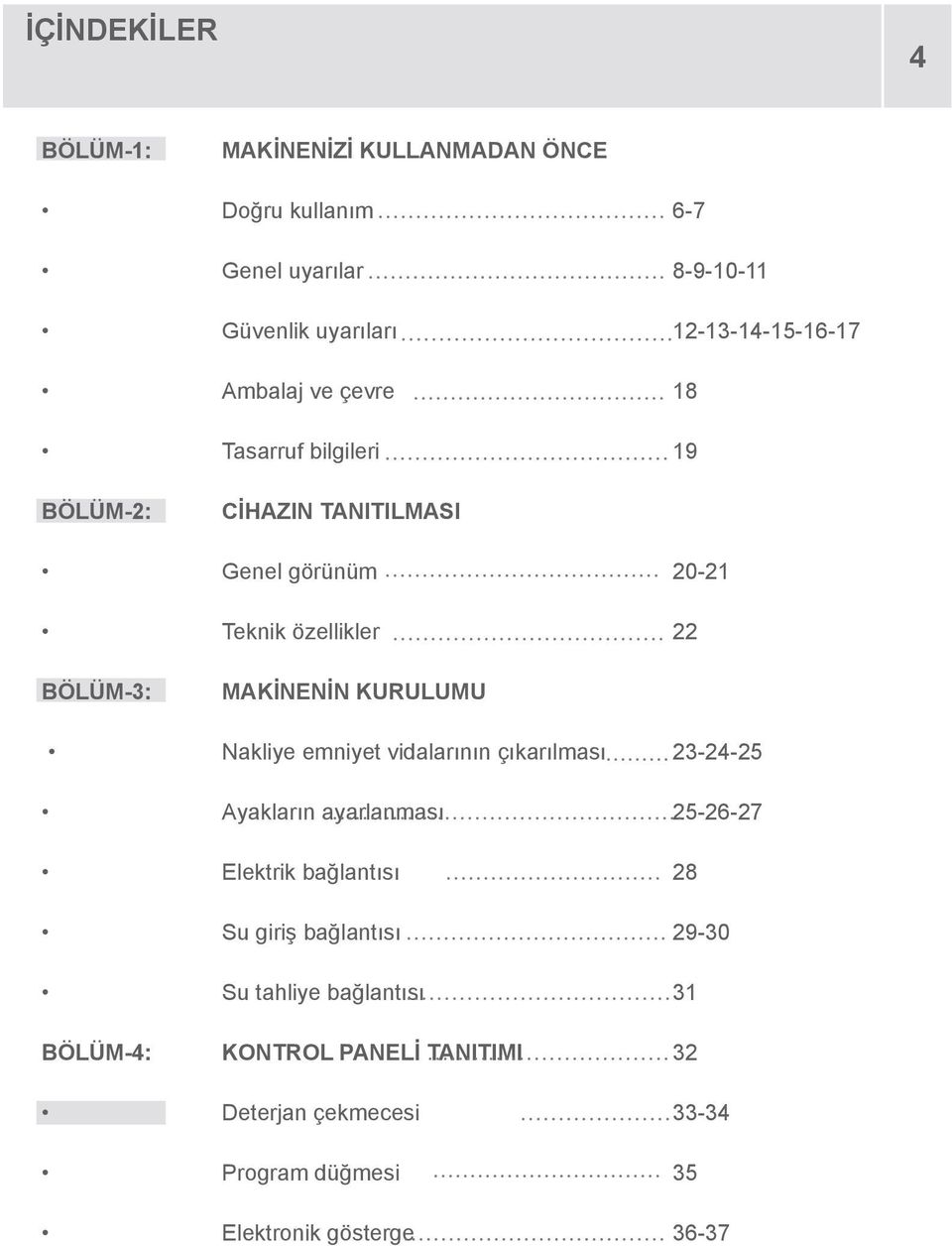 KURULUMU Nakliye emniyet vidalarının çıkarılması 23-24-25 Ayakların ayarlanması 25-26-27 Elektrik bağlantısı 28 Su giriş bağlantısı