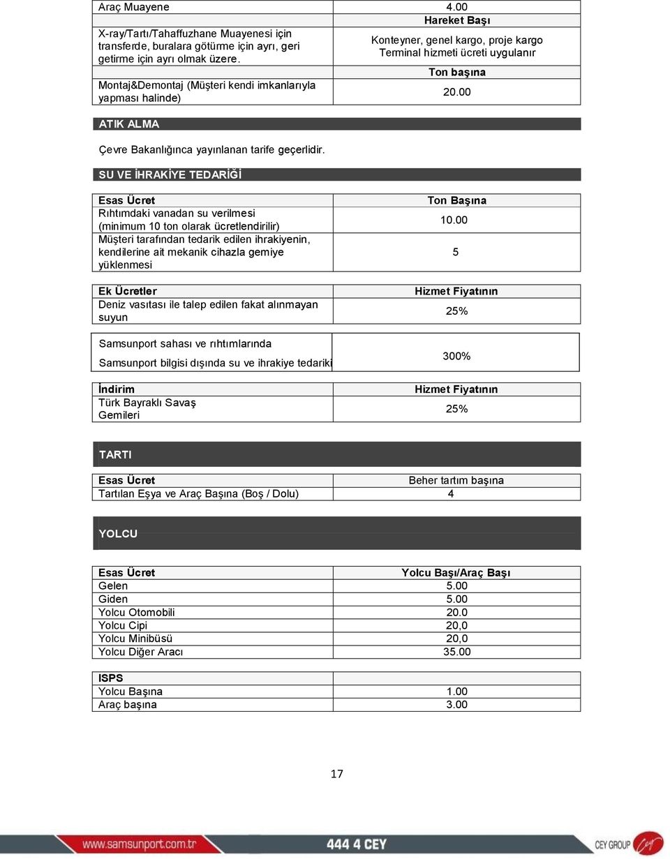 SU VE İHRAKİYE TEDARİĞİ Konteyner, genel kargo, proje kargo Terminal hizmeti ücreti uygulanır Ton başına 20.