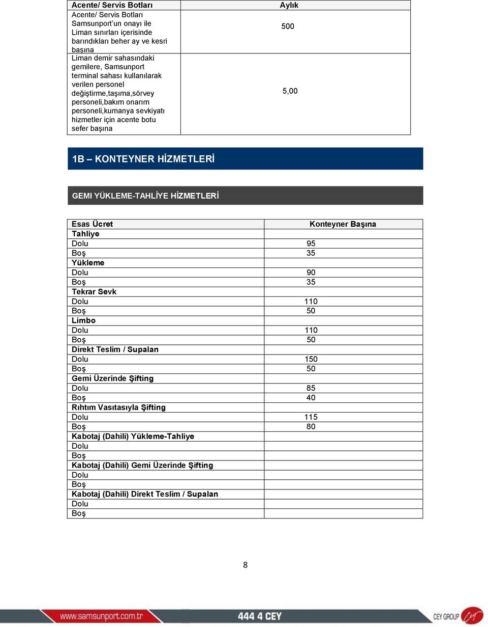 YÜKLEME-TAHLİYE HİZMETLERİ Konteyner Başına Tahliye Dolu 95 Boş 35 Yükleme Dolu 90 Boş 35 Tekrar Sevk Dolu 110 Boş 50 Limbo Dolu 110 Boş 50 Direkt Teslim / Supalan Dolu 150 Boş 50 Gemi Üzerinde