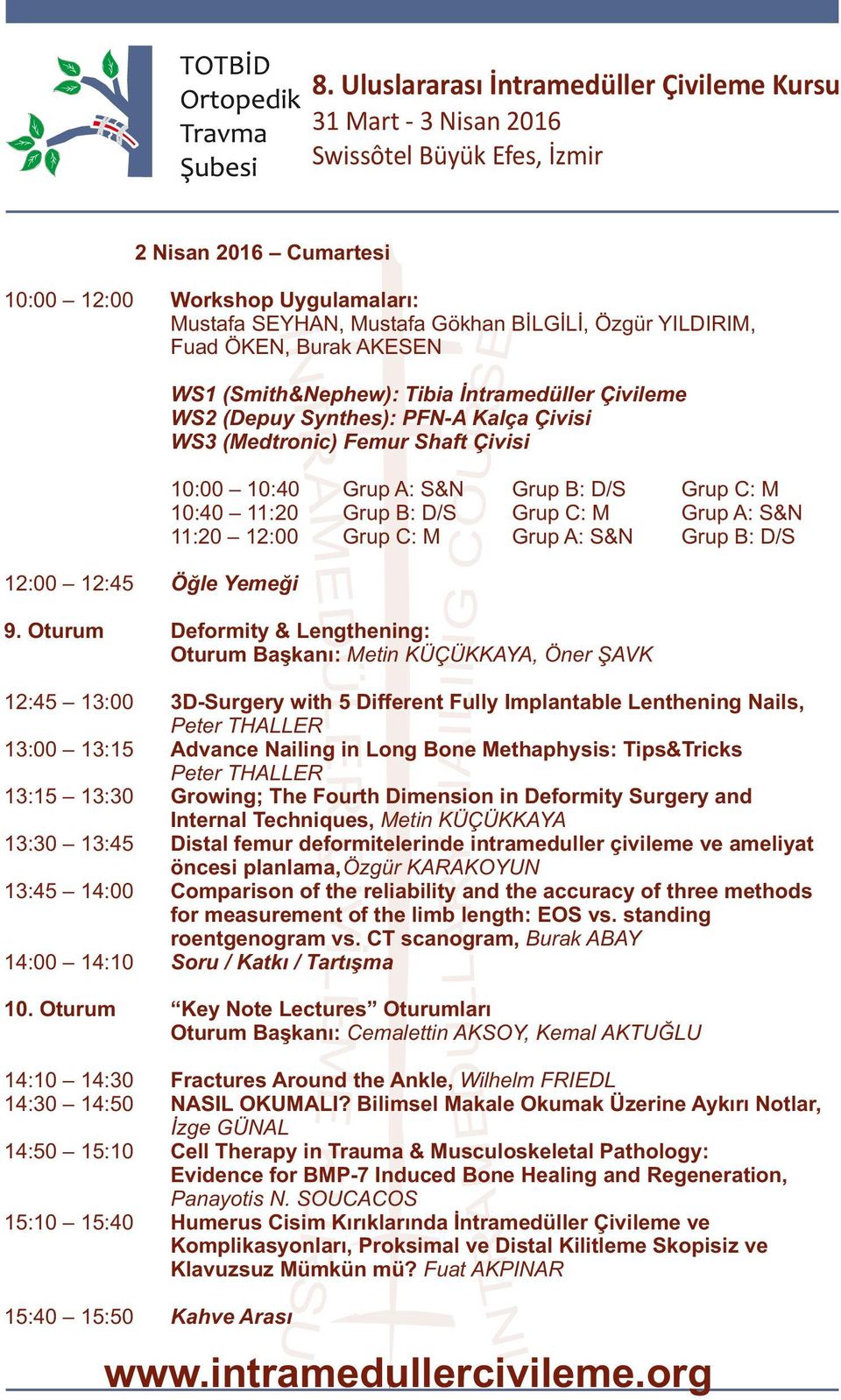 Oturum Deformity & Lengthening: Oturum Başkanı: Metin KÜÇÜKKAYA, Öner ŞAVK 12:45 13:00 3D-Surgery with 5 Different Fully Implantable Lenthening Nails, Peter THALLER Advance Nailing in Long Bone