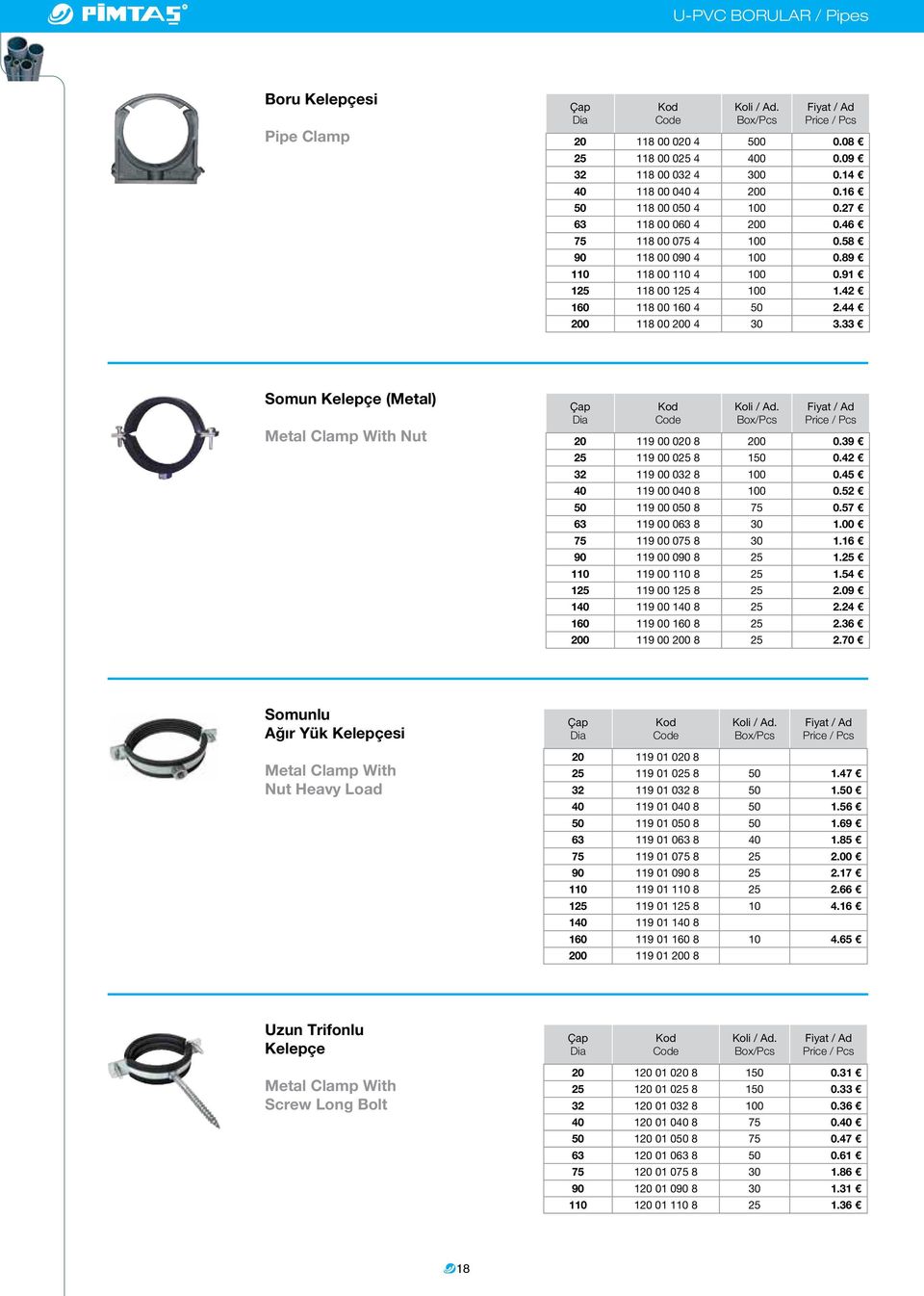 33 Somun Kelepçe (Metal) Metal Clamp With Nut 20 119 00 020 8 200 0.39 25 119 00 025 8 150 0.42 32 119 00 032 8 100 0.45 40 119 00 040 8 100 0.52 50 119 00 050 8 75 0.57 63 119 00 063 8 30 1.