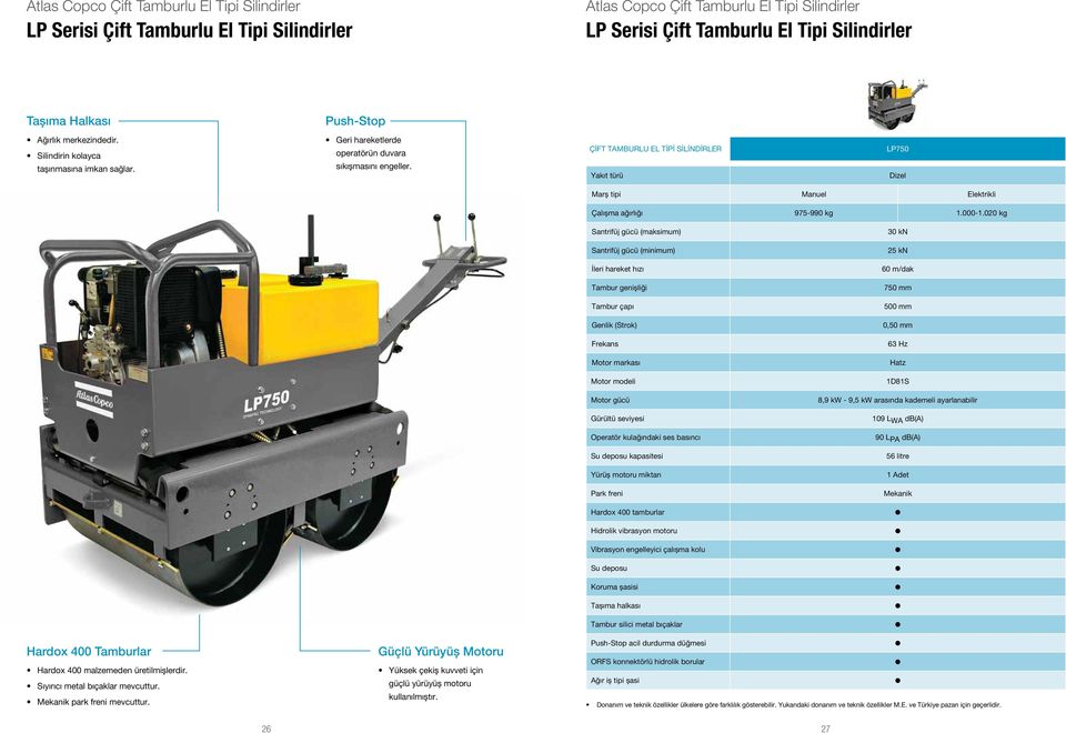 ÇİFT TAMBURLU EL TİPİ SİLİNDİRLER Yakıt türü LP750 Dizel Marş tipi Manuel Elektrikli Çalışma ağırlığı 975-990 kg 1.000-1.