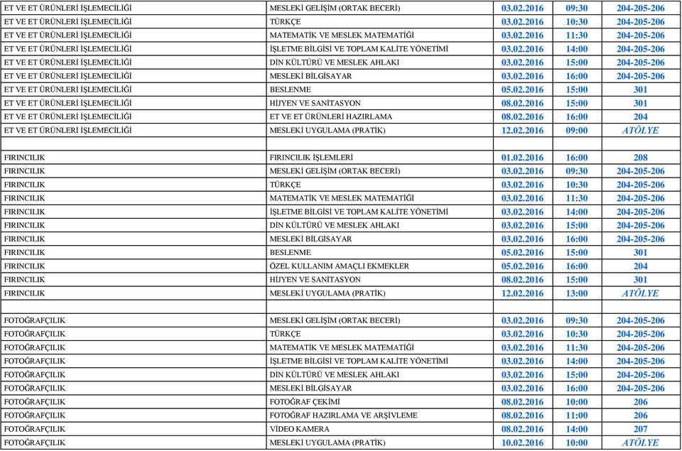 02.2016 16:00 204-205-206 ET VE ET ÜRÜNLERİ İŞLEMECİLİĞİ BESLENME 05.02.2016 15:00 301 ET VE ET ÜRÜNLERİ İŞLEMECİLİĞİ HİJYEN VE SANİTASYON 08.02.2016 15:00 301 ET VE ET ÜRÜNLERİ İŞLEMECİLİĞİ ET VE ET ÜRÜNLERİ HAZIRLAMA 08.