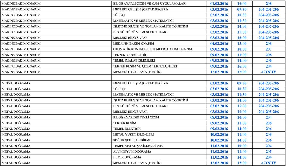 02.2016 16:00 204-205-206 MAKİNE BAKIM ONARIM MEKANİK BAKIM ONARIM 04.02.2016 15:00 208 MAKİNE BAKIM ONARIM OTOMATİK KONTROL SİSTEMLERİ BAKIM ONARIM 09.02.2016 10:00 207 MAKİNE BAKIM ONARIM TEKNİK YABANCI DİL 09.