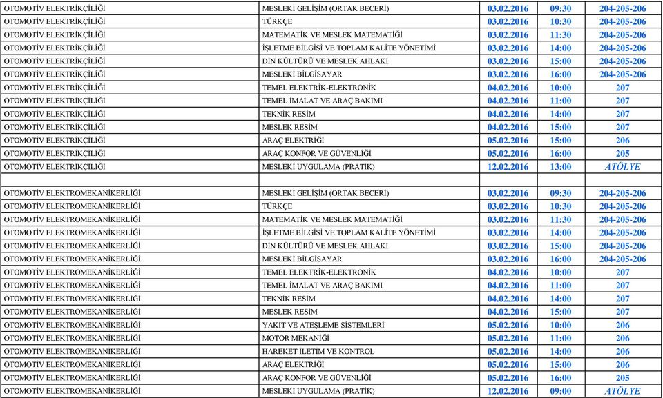 02.2016 16:00 204-205-206 OTOMOTİV ELEKTRİKÇİLİĞİ TEMEL ELEKTRİK-ELEKTRONİK 04.02.2016 10:00 207 OTOMOTİV ELEKTRİKÇİLİĞİ TEMEL İMALAT VE ARAÇ BAKIMI 04.02.2016 11:00 207 OTOMOTİV ELEKTRİKÇİLİĞİ TEKNİK RESİM 04.