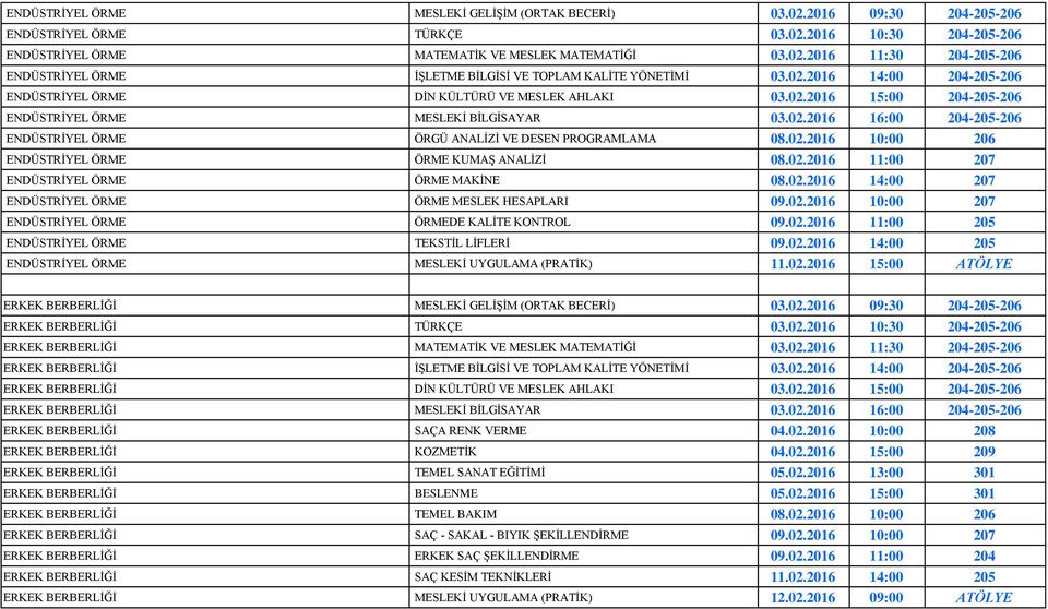 02.2016 10:00 206 ENDÜSTRİYEL ÖRME ÖRME KUMAŞ ANALİZİ 08.02.2016 11:00 207 ENDÜSTRİYEL ÖRME ÖRME MAKİNE 08.02.2016 14:00 207 ENDÜSTRİYEL ÖRME ÖRME MESLEK HESAPLARI 09.02.2016 10:00 207 ENDÜSTRİYEL ÖRME ÖRMEDE KALİTE KONTROL 09.