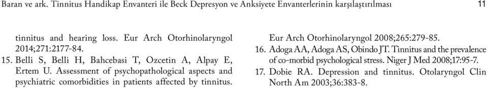 Assessment of psychopathological aspects and psychiatric comorbidities in patients affected by tinnitus. Eur Arch Otorhinolaryngol 2008;265:279-85.