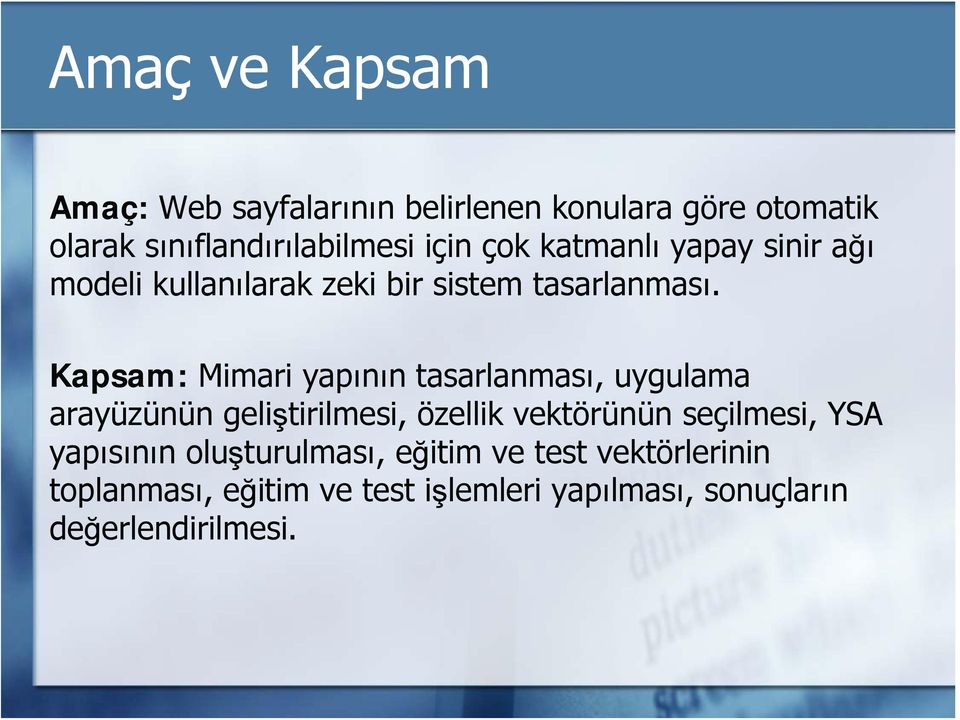 Kapsam: Mimari yapının tasarlanması, uygulama arayüzünün geliştirilmesi, özellik vektörünün seçilmesi,