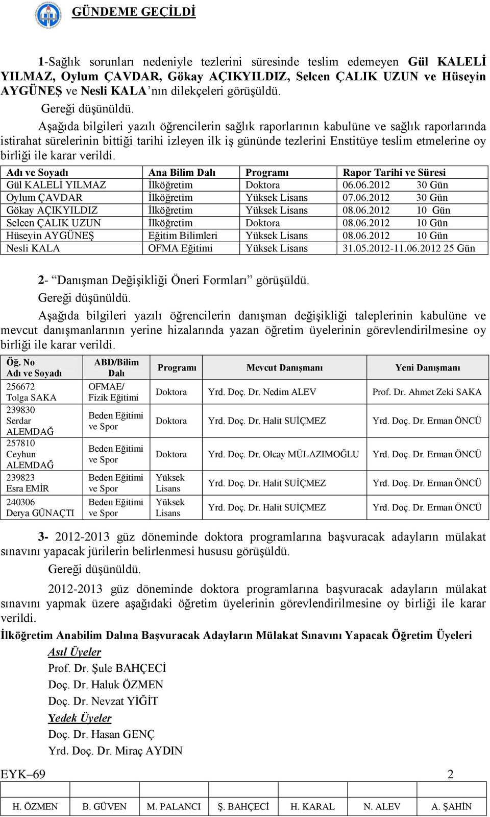 Aşağıda bilgileri yazılı öğrencilerin sağlık raporlarının kabulüne ve sağlık raporlarında istirahat sürelerinin bittiği tarihi izleyen ilk iş gününde tezlerini Enstitüye teslim etmelerine oy birliği