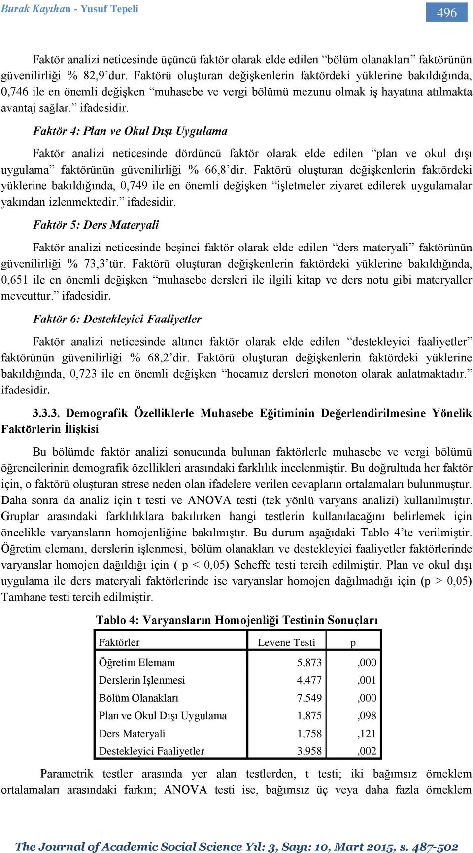 Faktör 4: Plan ve Okul Dışı Uygulama Faktör analizi neticesinde dördüncü faktör olarak elde edilen plan ve okul dışı uygulama faktörünün güvenilirliği % 66,8 dir.