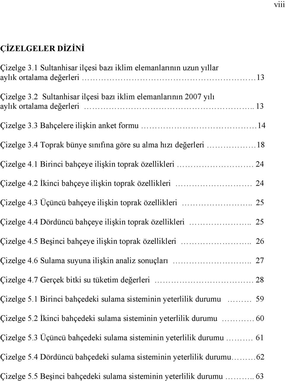 4 Toprak bünye sınıfına göre su alma hızı değerleri 18 Çizelge 4.1 Birinci bahçeye ilişkin toprak özellikleri. 24 Çizelge 4.2 İkinci bahçeye ilişkin toprak özellikleri. 24 Çizelge 4.3 Üçüncü bahçeye ilişkin toprak özellikleri.