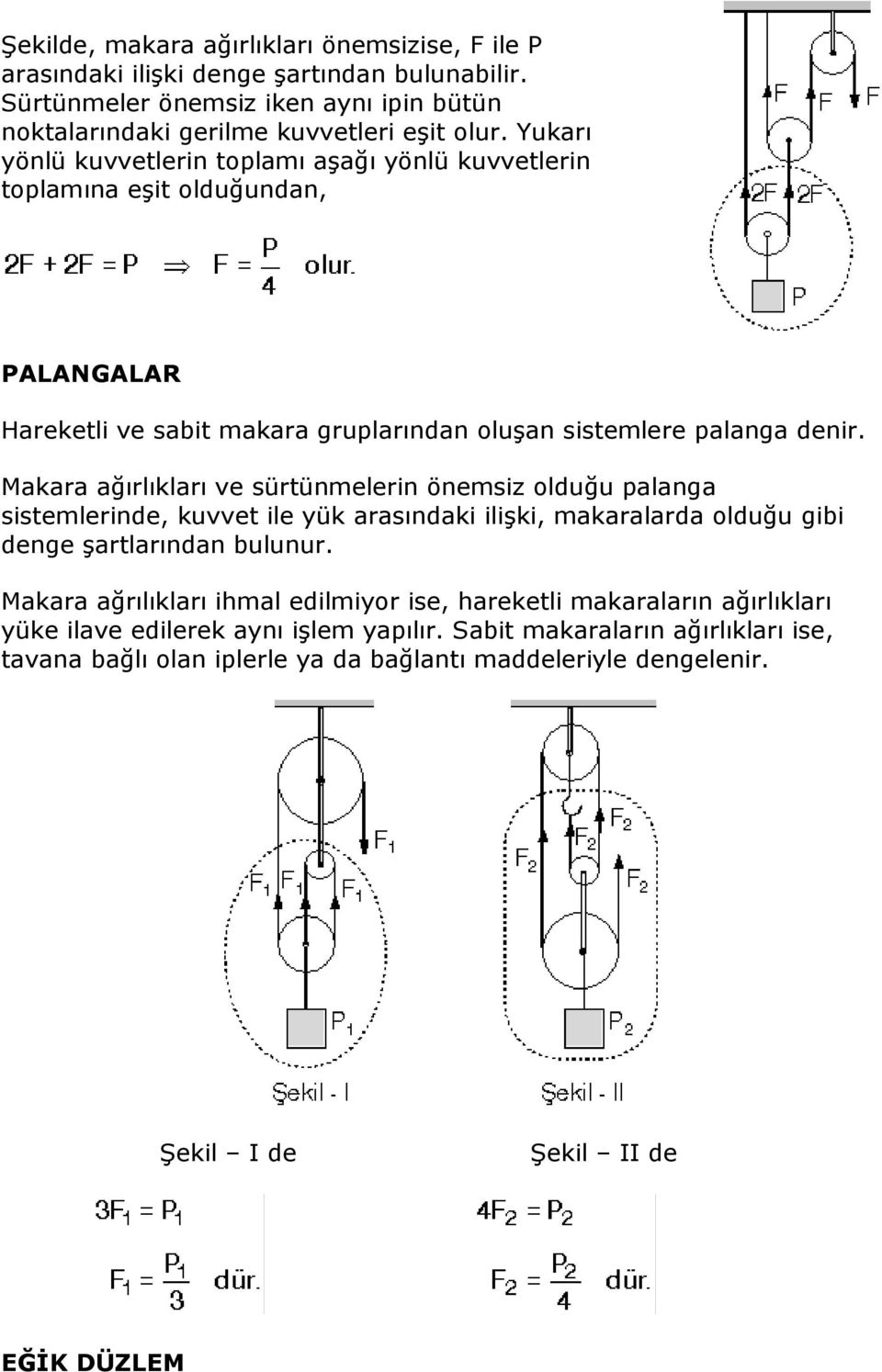 Makara ağırlıkları ve sürtünmelerin önemsiz olduğu palanga sistemlerinde, kuvvet ile yük arasındaki ilişki, makaralarda olduğu gibi denge şartlarından bulunur.