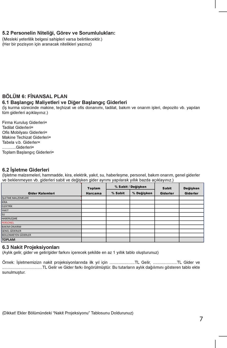 ) Firma Kuruluş Giderleri= Tadilat Giderleri= Ofis Mobilyası Giderleri= Makine Techizat Giderleri= Tabela v.b. Giderler=...Giderleri= Toplam Başlangıç Giderleri= 6.