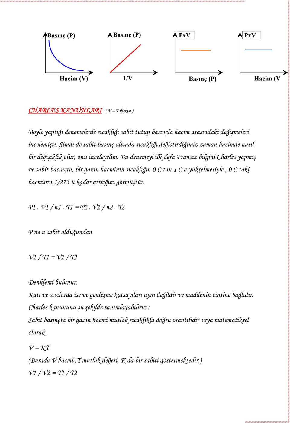 Bu denemeyi ilk defa Fransız bilgini Charles yapmış ve sabit basınçta, bir gazın hacminin sıcaklığın 0 C tan 1 C a yükselmesiyle, 0 C taki hacminin 1/273 ü kadar arttığını görmüştür. P1. V1 / n1.