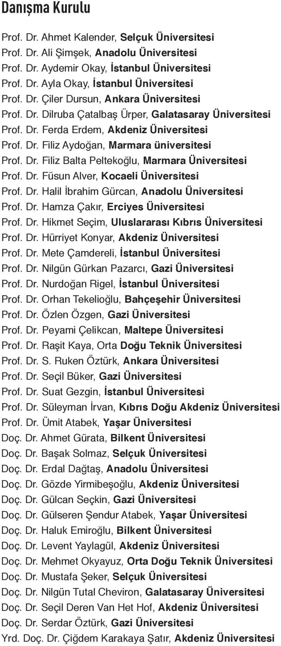 Dr. Füsun Alver, Kocaeli Üniversitesi Prof. Dr. Halil İbrahim Gürcan, Anadolu Üniversitesi Prof. Dr. Hamza Çakır, Erciyes Üniversitesi Prof. Dr. Hikmet Seçim, Uluslararası Kıbrıs Üniversitesi Prof.