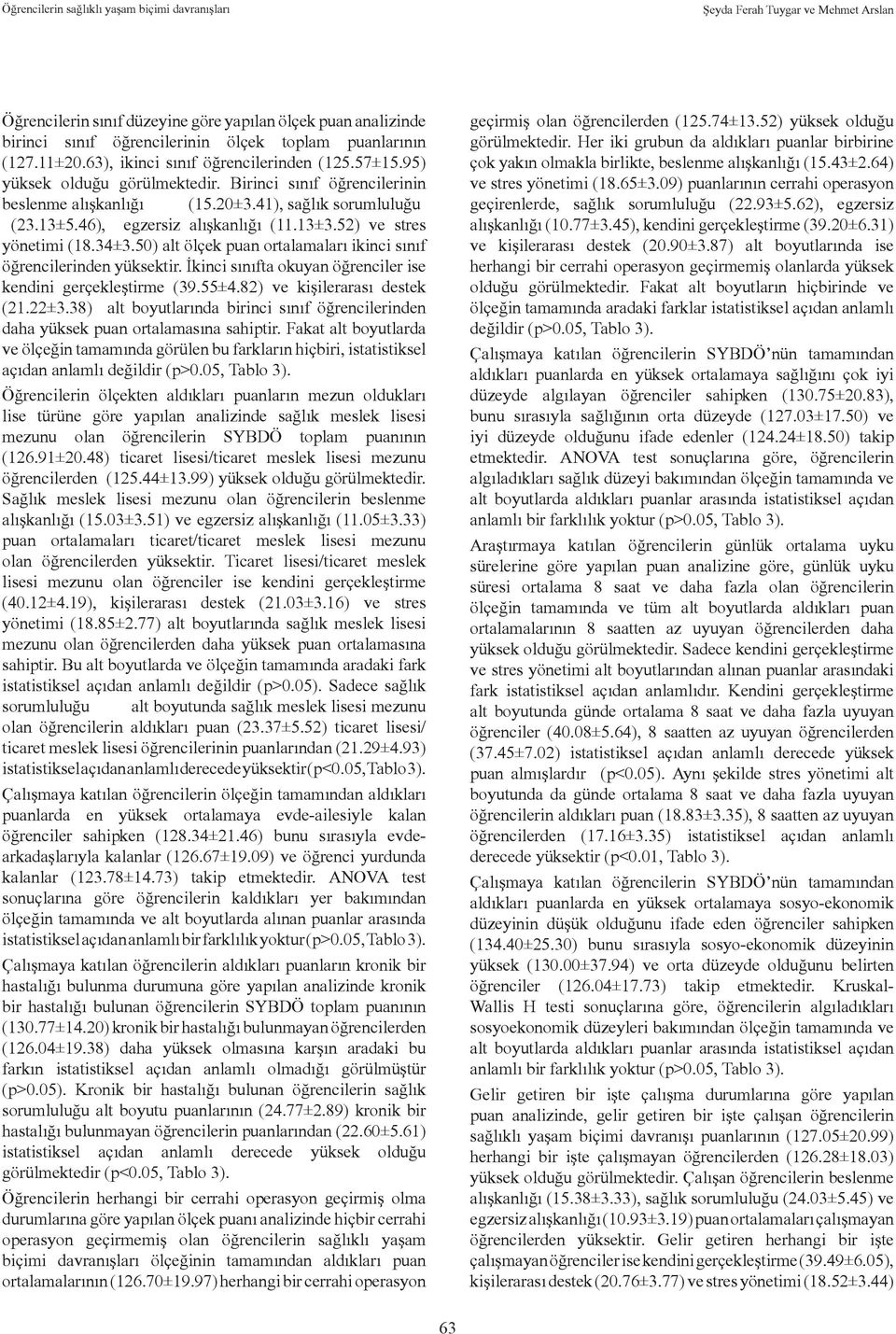 50) alt ölçek puan ortalamaları ikinci sınıf öğrencilerinden yüksektir. İkinci sınıfta okuyan öğrenciler ise kendini gerçekleştirme (39.55±4.82) ve kişilerarası destek (21.22±3.