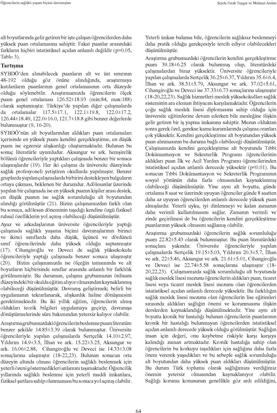 Tartışma SYBDÖ den alınabilecek puanların alt ve üst sınırının 48-192 olduğu göz önüne alındığında, araştırmaya katılanların puanlarının genel ortalamasının orta düzeyde olduğu söylenebilir.
