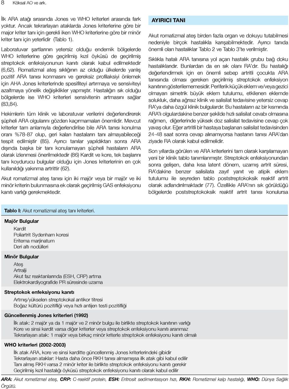 Laboratuvar şartlarının yetersiz olduğu endemik bölgelerde WHO kriterlerine göre geçirilmiş kızıl öyküsü de geçirilmiş streptokok enfeksiyonunun kanıtı olarak kabul edilmektedir (6,62).