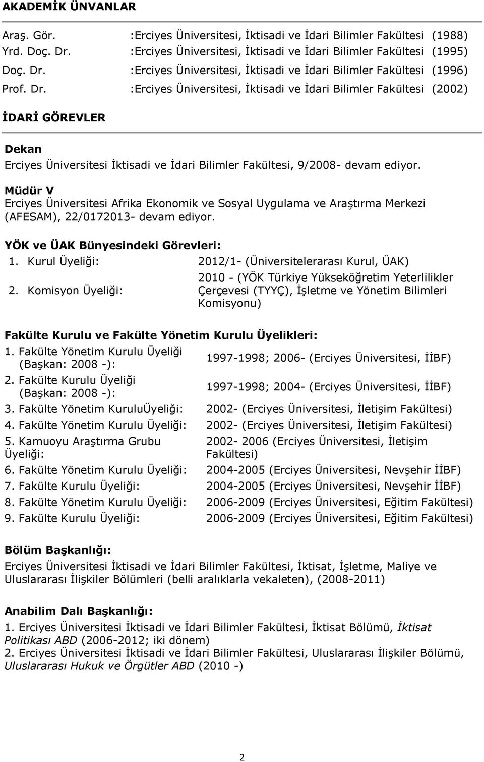 Müdür V Erciyes Üniversitesi Afrika Ekonomik ve Sosyal Uygulama ve Araştırma Merkezi (AFESAM), 22/0172013- devam ediyor. YÖK ve ÜAK Bünyesindeki Görevleri: 1.