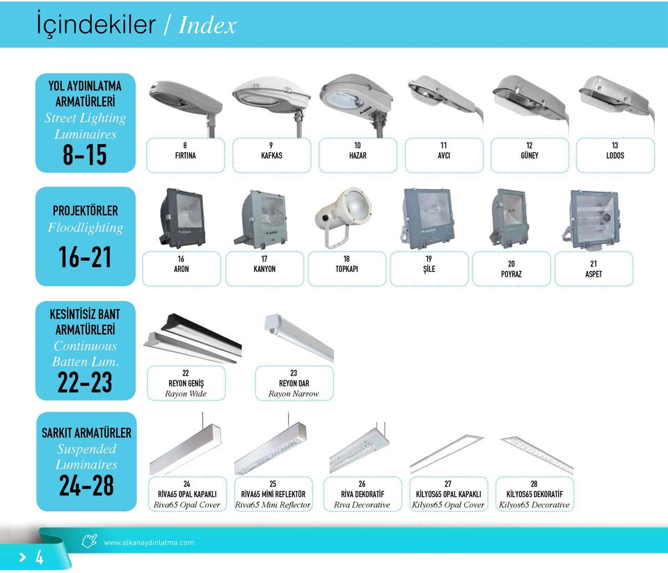 22-23 22 REYON GENİŞ Rayon Wide 23 REYON DAR Rayon Narrow SARKIT ARMATÜRLER Suspended Luminaires 24-28 24 RİVA65 OPAL KAPAKLI Riva65 Opal Cover 25