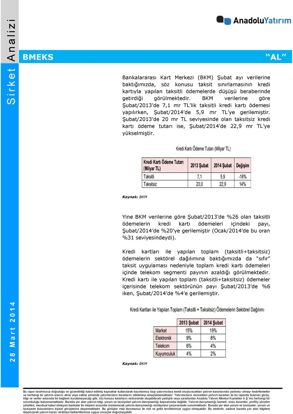 Şubat/2013 de 20 mr TL seviyesinde olan taksitsiz kredi kartı ödeme tutarı ise, Şubat/2014 de 22,9 mr TL ye yükselmiştir.