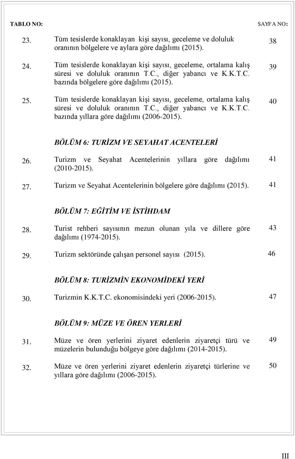 Tüm tesislerde konaklayan kişi sayısı, geceleme, ortalama kalış süresi ve doluluk oranının T.C., diğer yabancı ve K.K.T.C. bazında yıllara göre dağılımı (20062015). SAYFA NO: 38 39 40 26. 27.