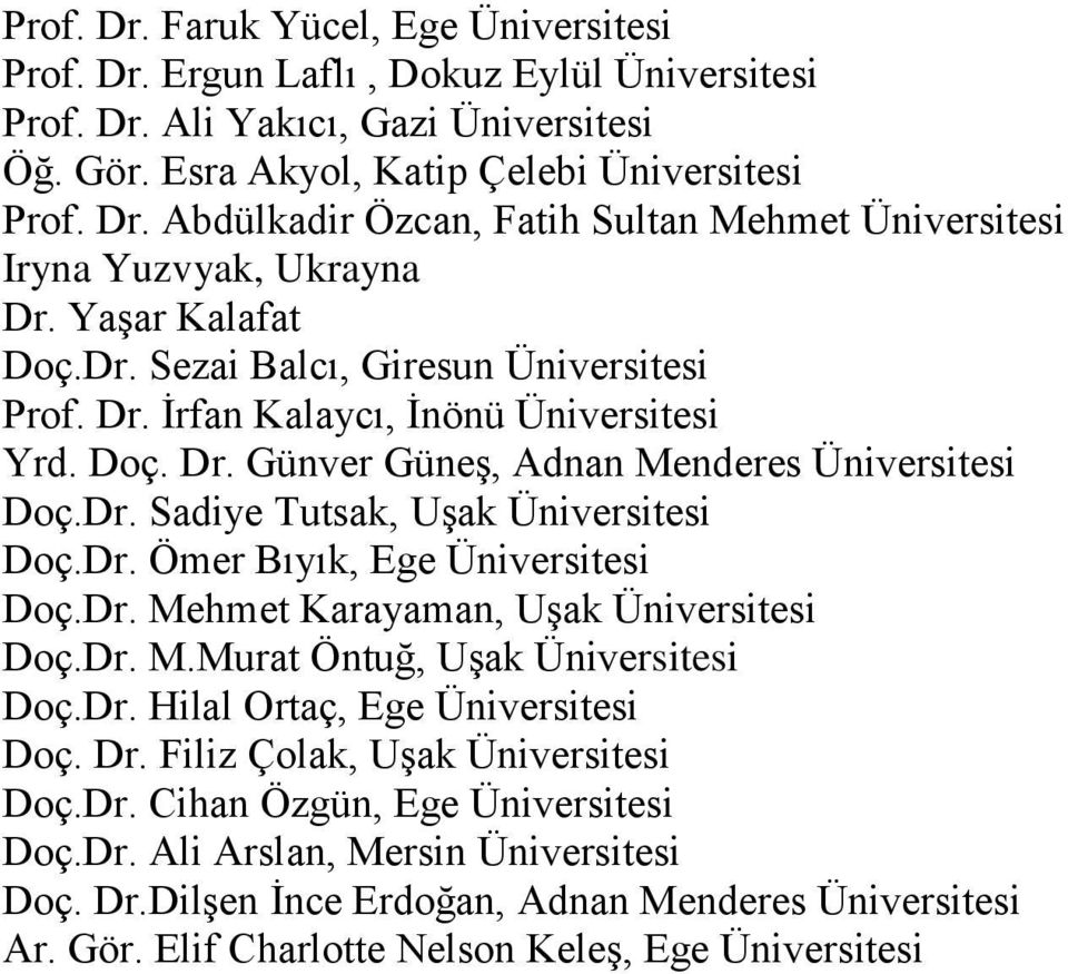 Dr. Ömer Bıyık, Ege Üniversitesi Doç.Dr. Mehmet Karayaman, Uşak Üniversitesi Doç.Dr. M.Murat Öntuğ, Uşak Üniversitesi Doç.Dr. Hilal Ortaç, Ege Üniversitesi Doç. Dr. Filiz Çolak, Uşak Üniversitesi Doç.