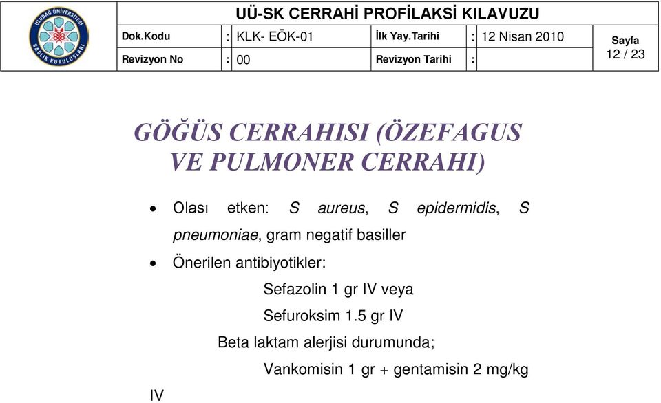 basiller IV Sefazolin 1 gr IV veya Sefuroksim 1.