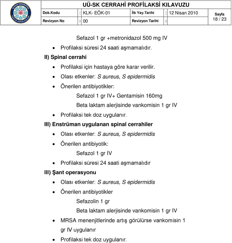 cerrahiler Olası etkenler: S aureus, S epidermidis Önerilen antibiyotik: Sefazol 1 gr IV Profilaksi süresi 24 saati aşmamalıdır III) Şant operasyonu Olası