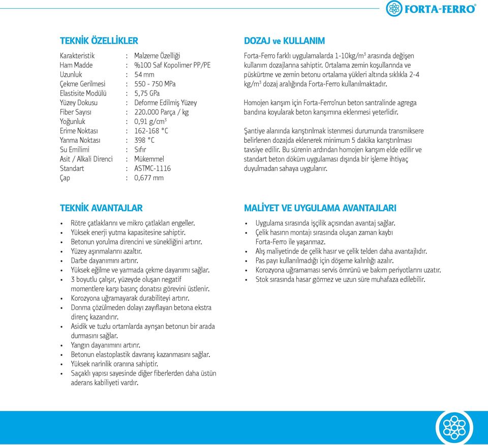 000 Parça / kg 0,91 g/cm 3 162-168 C 398 C Sıfır Mükemmel ASTMC-1116 0,677 mm DOZAJ ve KULLANIM Forta-Ferro farklı uygulamalarda 1-10kg/m 3 arasında değişen kullanım dozajlarına sahiptir.