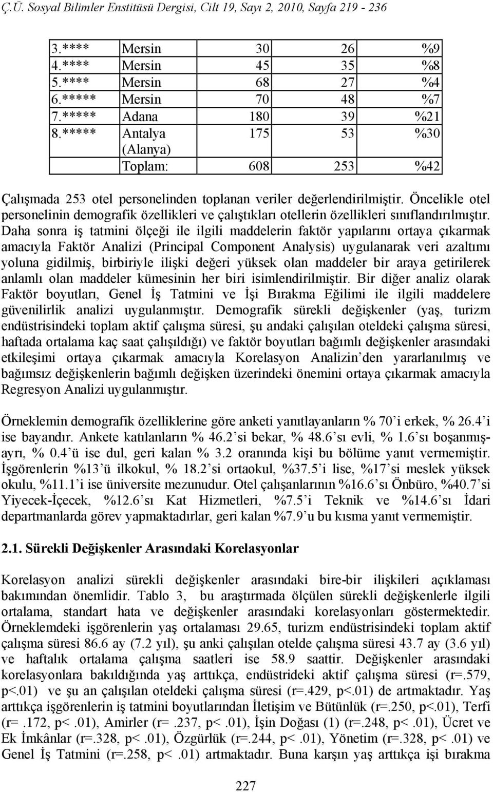 Öncelikle otel personelinin demografik özellikleri ve çalıştıkları otellerin özellikleri sınıflandırılmıştır.