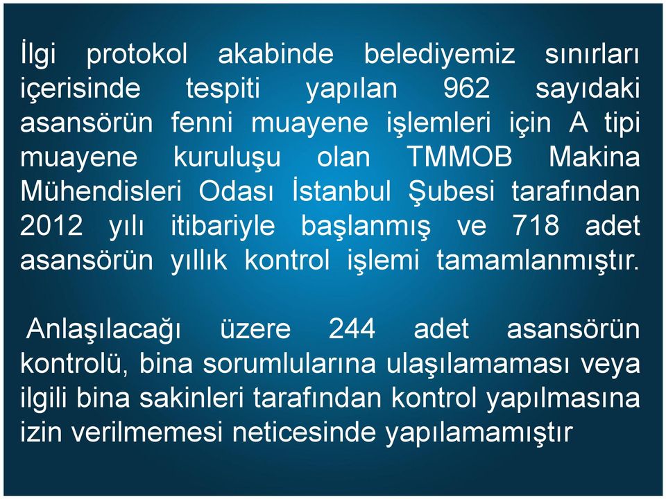 başlanmış ve 718 adet asansörün yıllık kontrol işlemi tamamlanmıştır.