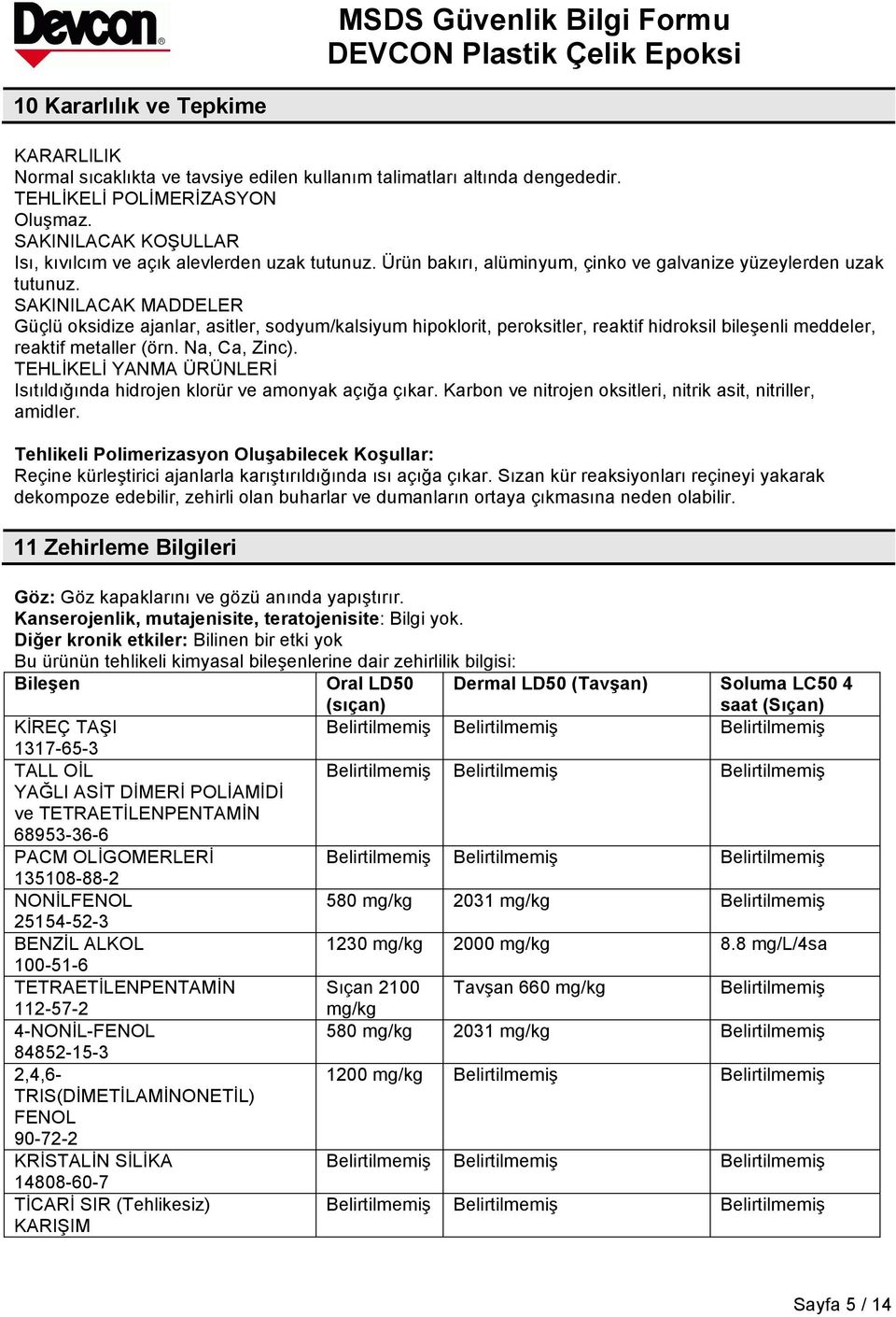 SAKINILACAK MADDELER Güçlü oksidize ajanlar, asitler, sodyum/kalsiyum hipoklorit, peroksitler, reaktif hidroksil bileşenli meddeler, reaktif metaller (örn. Na, Ca, Zinc).