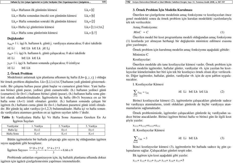 işçi h. haftanın k. günü. vardiyaya atanacaksa; 0 aksi takdirde h Lh L z = 1 i. işçi h. haftanın k. günü çalışacaksa; 0 aksi takdirde h Lh y = 1 i. işçi h. haftanın sonunda çalışacaksa; 0 izinliyse h Lh 2.