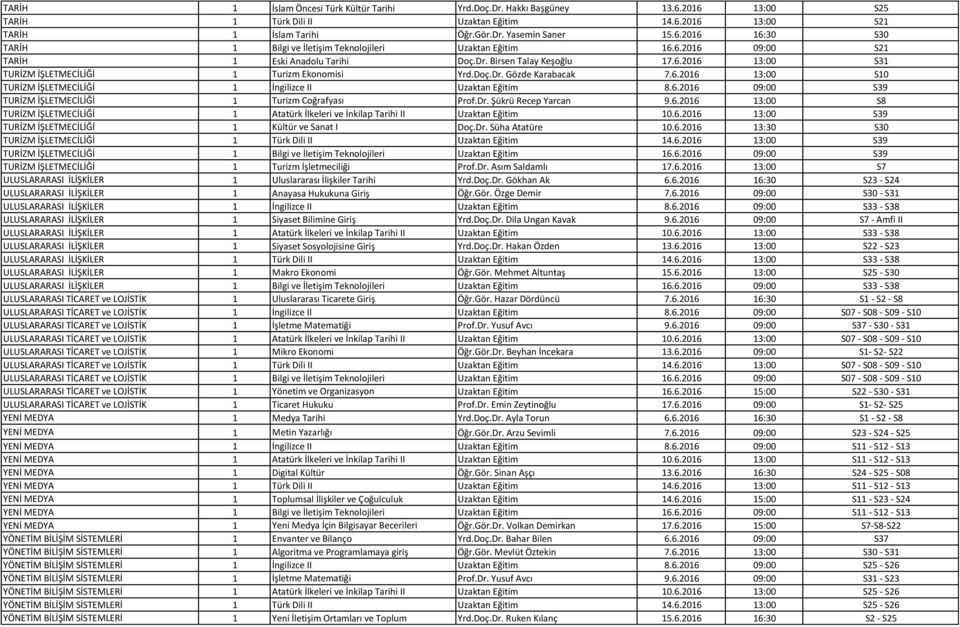 6.2016 09:00 S39 TURİZM İŞLETMECİLİĞİ 1 Turizm Coğrafyası Prof.Dr. Şükrü Recep Yarcan 9.6.2016 13:00 S8 TURİZM İŞLETMECİLİĞİ 1 Atatürk İlkeleri ve İnkilap Tarihi II Uzaktan Eğitim 10.6.2016 13:00 S39 TURİZM İŞLETMECİLİĞİ 1 Kültür ve Sanat I Doç.