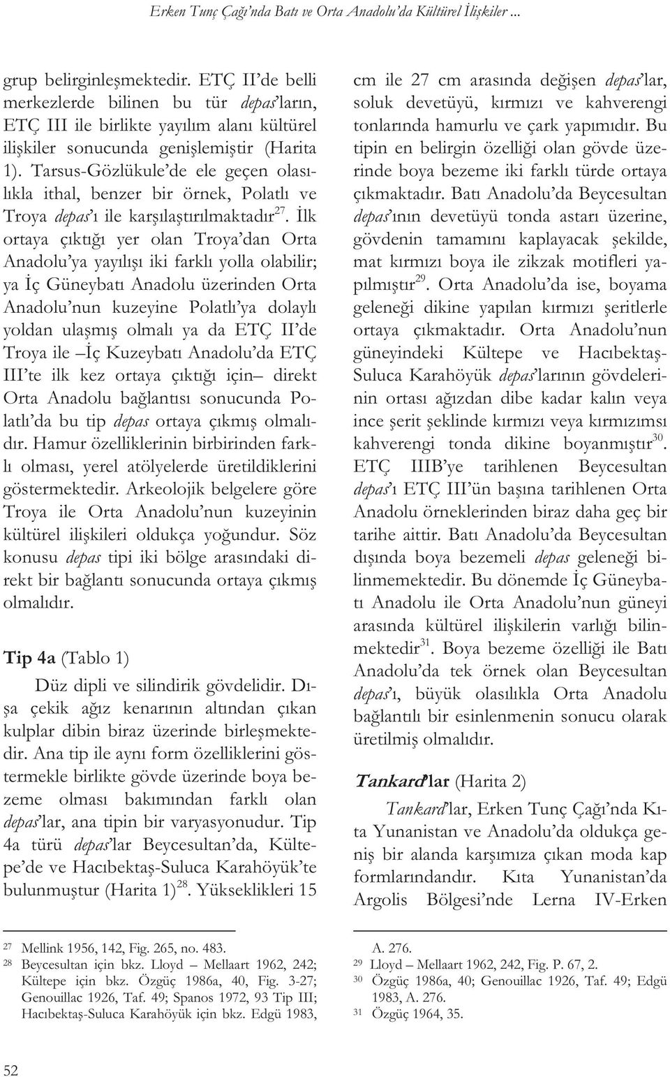 Tarsus-Gözlükule de ele geçen olasılıkla ithal, benzer bir örnek, Polatlı ve Troya depas ı ile kar ıla tırılmaktadır 27.