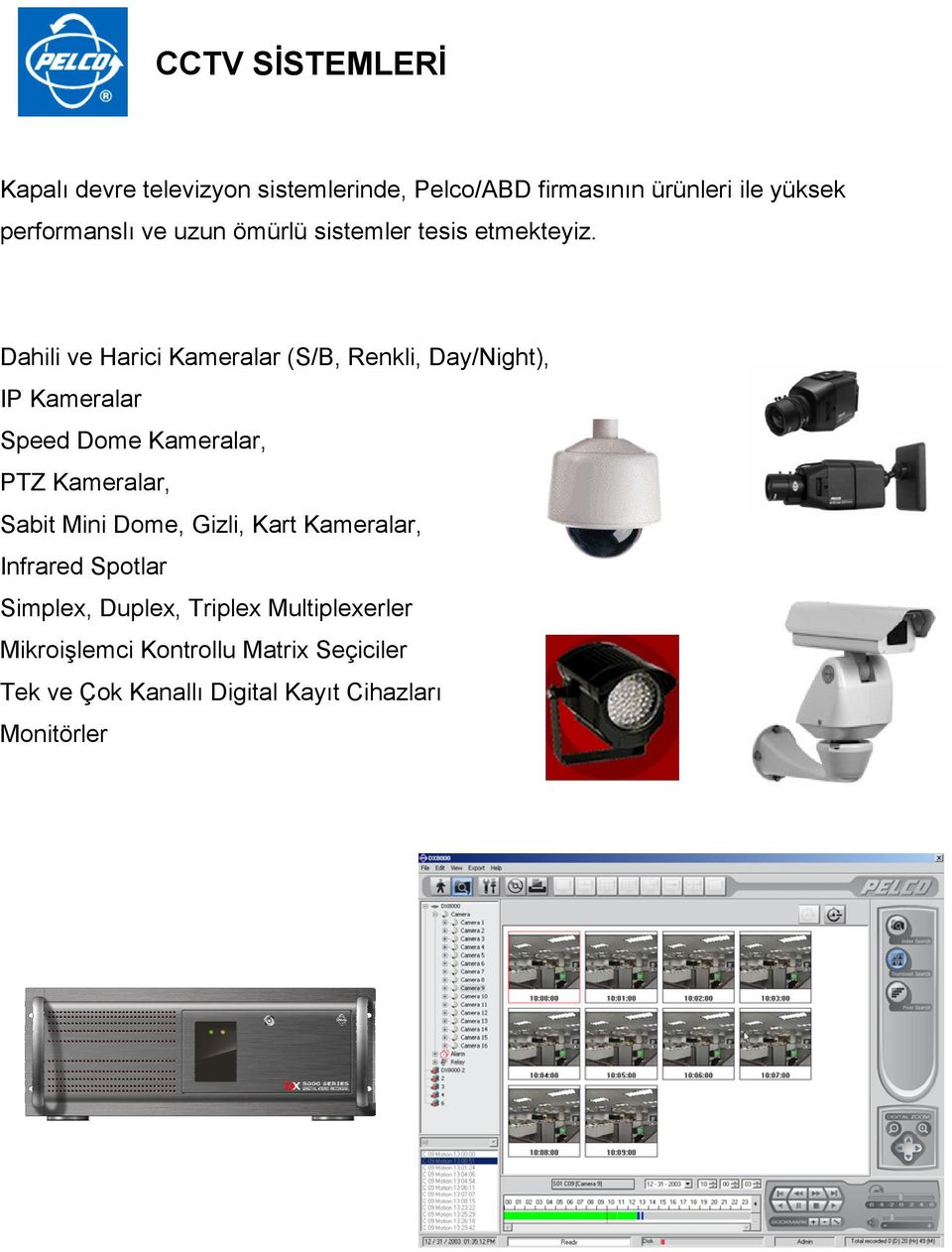 Dahili ve Harici Kameralar (S/B, Renkli, Day/Night), IP Kameralar Speed Dome Kameralar, PTZ Kameralar, Sabit