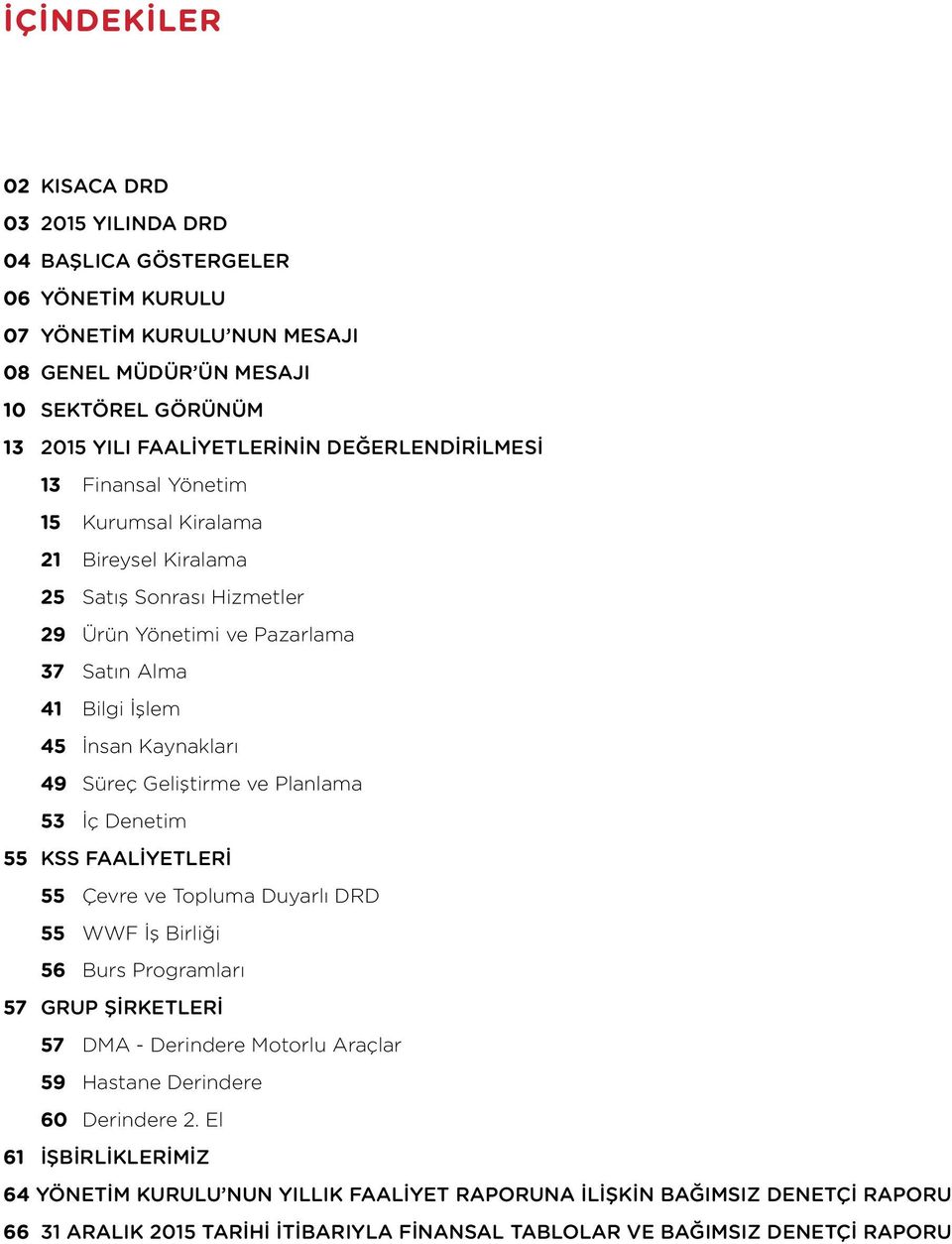 Geliştirme ve Planlama 53 İç Denetim 55 KSS FAALİYETLERİ 55 Çevre ve Topluma Duyarlı DRD 55 WWF İş Birliği 56 Burs Programları 57 GRUP ŞİRKETLERİ 57 DMA - Derindere Motorlu Araçlar 59 Hastane