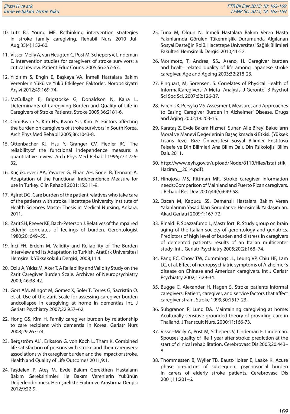 İnmeli Hastalara Bakım Verenlerin Yükü ve Yükü Etkileyen Faktörler. Nöropsikiyatri Arşivi 2012;49:169-74. 13. McCullagh E, Brigstocke G, Donaldson N, Kalra L.