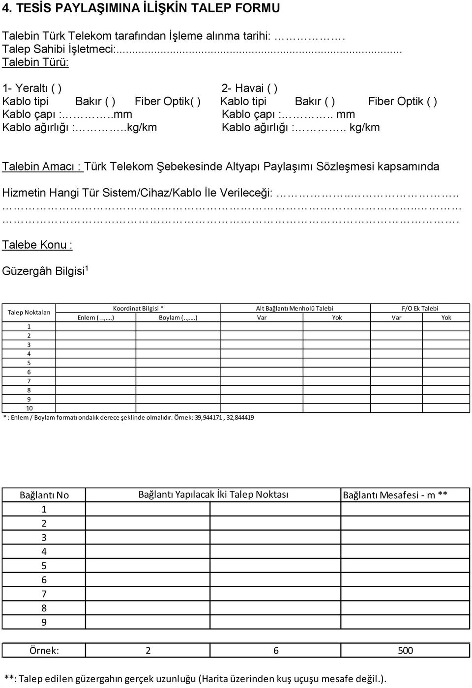 . kg/km Talebin Amacı : Türk Telekom Şebekesinde Altyapı Paylaşımı Sözleşmesi kapsamında Hizmetin Hangi Tür Sistem/Cihaz/Kablo İle Verileceği:.