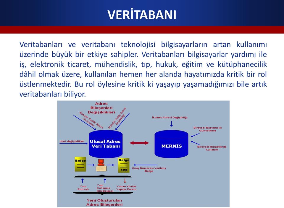 Veritabanları bilgisayarlar yardımı ile iş, elektronik ticaret, mühendislik, tıp, hukuk, eğitim ve