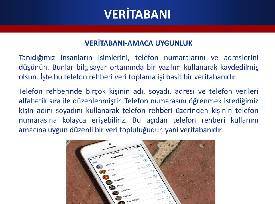 Telefon rehberinde birçok kişinin adı, soyadı, adresi ve telefon verileri alfabetik sıra ile düzenlenmiştir.