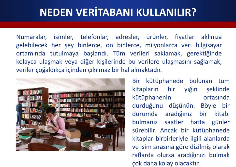 Tüm verileri saklamak, gerektiğinde kolayca ulaşmak veya diğer kişilerinde bu verilere ulaşmasını sağlamak, veriler çoğaldıkça içinden çıkılmaz bir halalmaktadır.