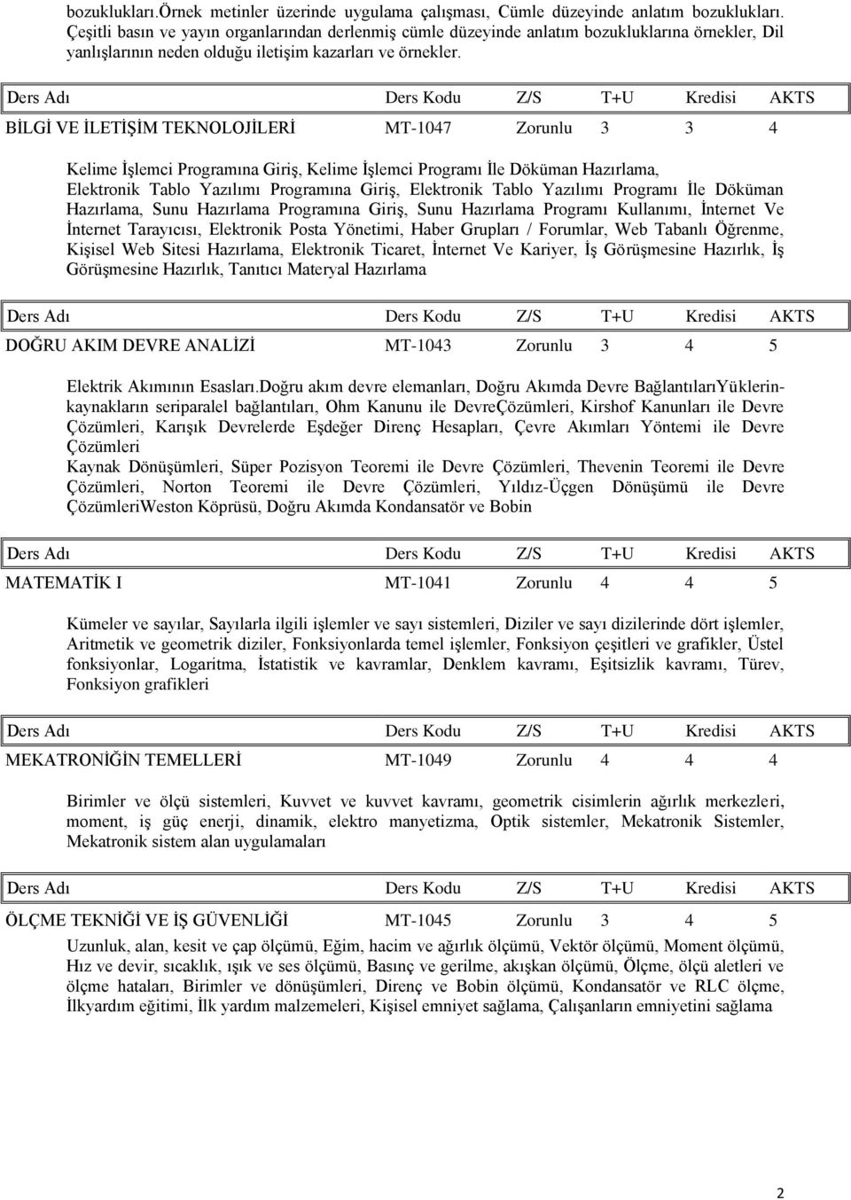 BİLGİ VE İLETİŞİM TEKNOLOJİLERİ MT-1047 Zorunlu 3 3 4 Kelime İşlemci Programına Giriş, Kelime İşlemci Programı İle Döküman Hazırlama, Elektronik Tablo Yazılımı Programına Giriş, Elektronik Tablo