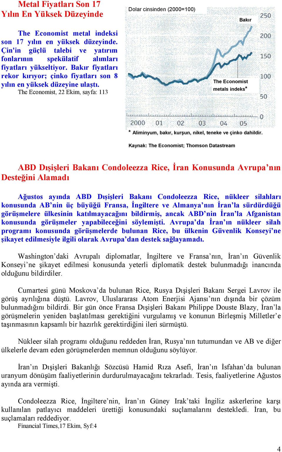 The Economist, 22 Ekim, sayfa: 113 Dolar cinsinden (2000=100) Bakır The Economist metals indeks* * Aliminyum, bakır, kurşun, nikel, teneke ve çinko dahildir.