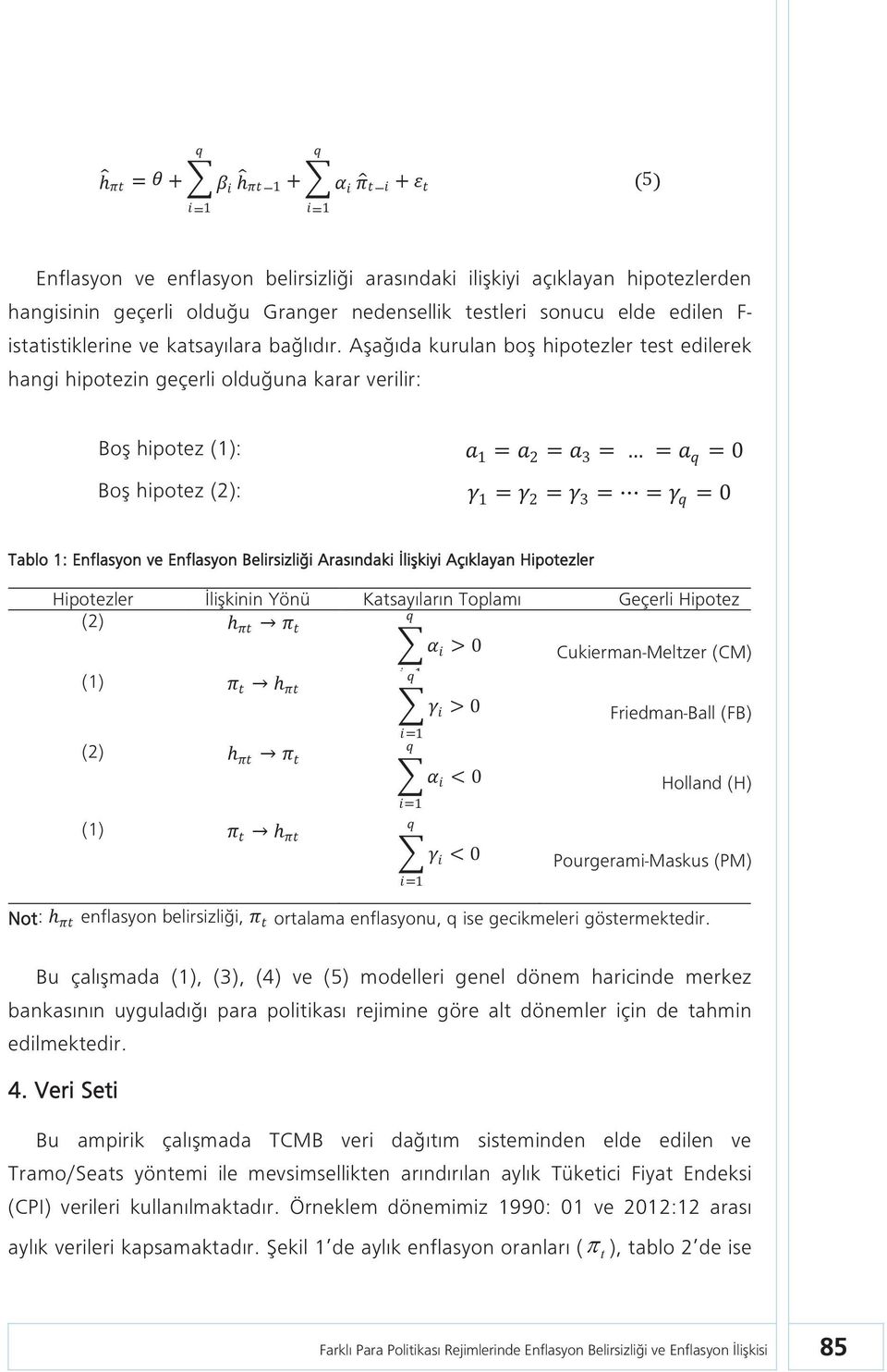 Aşağıda kurulan boş hipotezler test edilerek hangi hipotezin geçerli olduğuna karar verilir: Boş hipotez (1): aaaa 1 = aaaa 2 = aaaa 3 = = aaaa qqqq = 0 Boş hipotez (2): γγγγ 1 = γγγγ 2 = γγγγ 3 = =