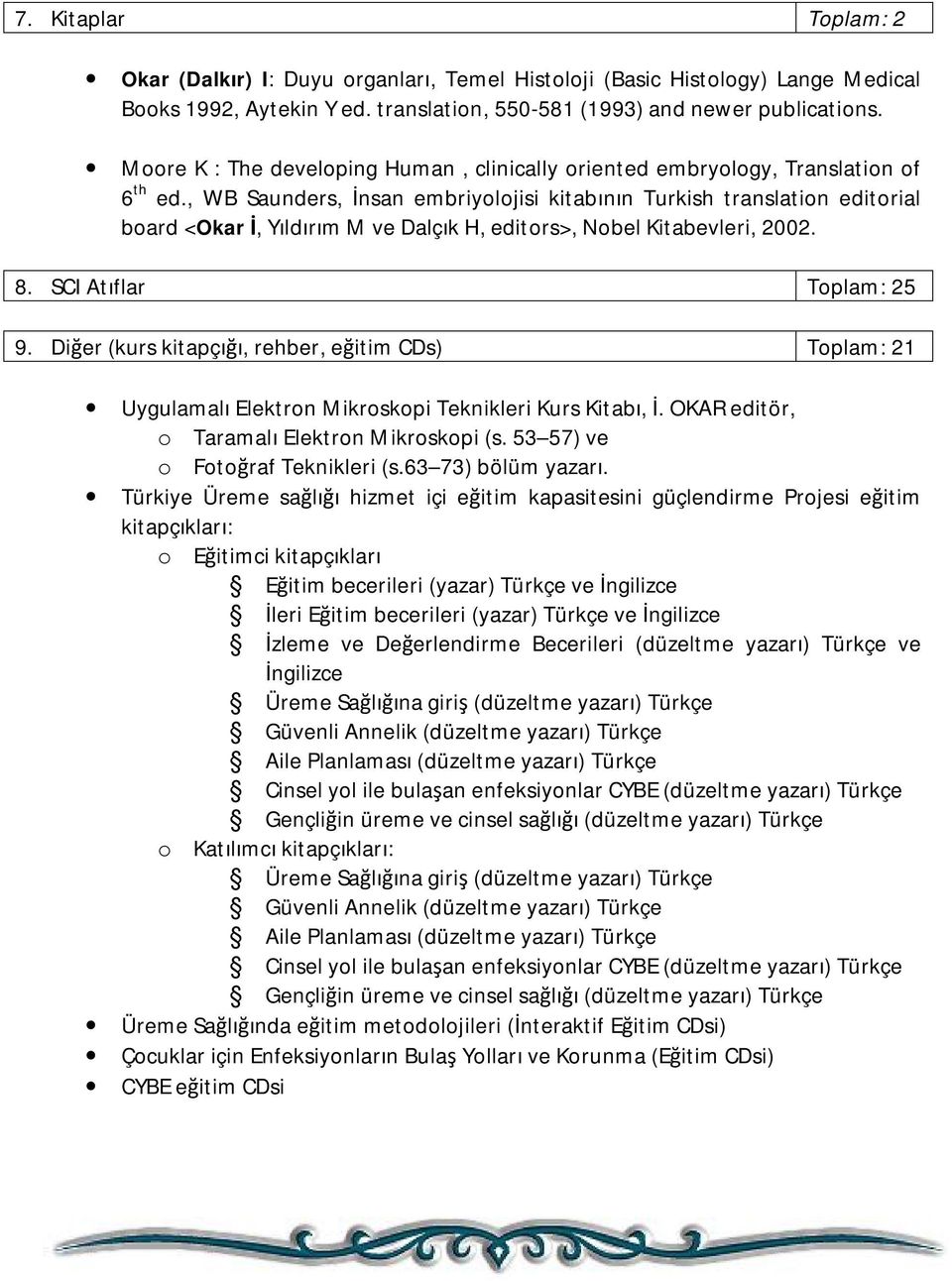 , WB Saunders, İnsan embriyolojisi kitabının Turkish translation editorial board <Okar İ, Yıldırım M ve Dalçık H, editors>, Nobel Kitabevleri, 2002. 8. SCI Atıflar Toplam: 25 9.